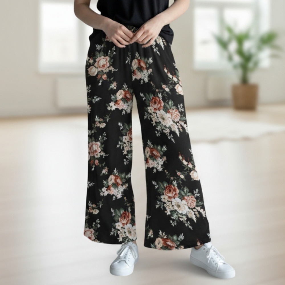 Copper Key Black Floral Wide Leg Pants Boho Palazzo High Waist Lounge VTG Small